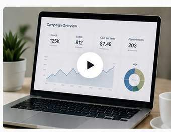 Laptop displaying a Meta Ads campaign performance dashboard for a dental practice